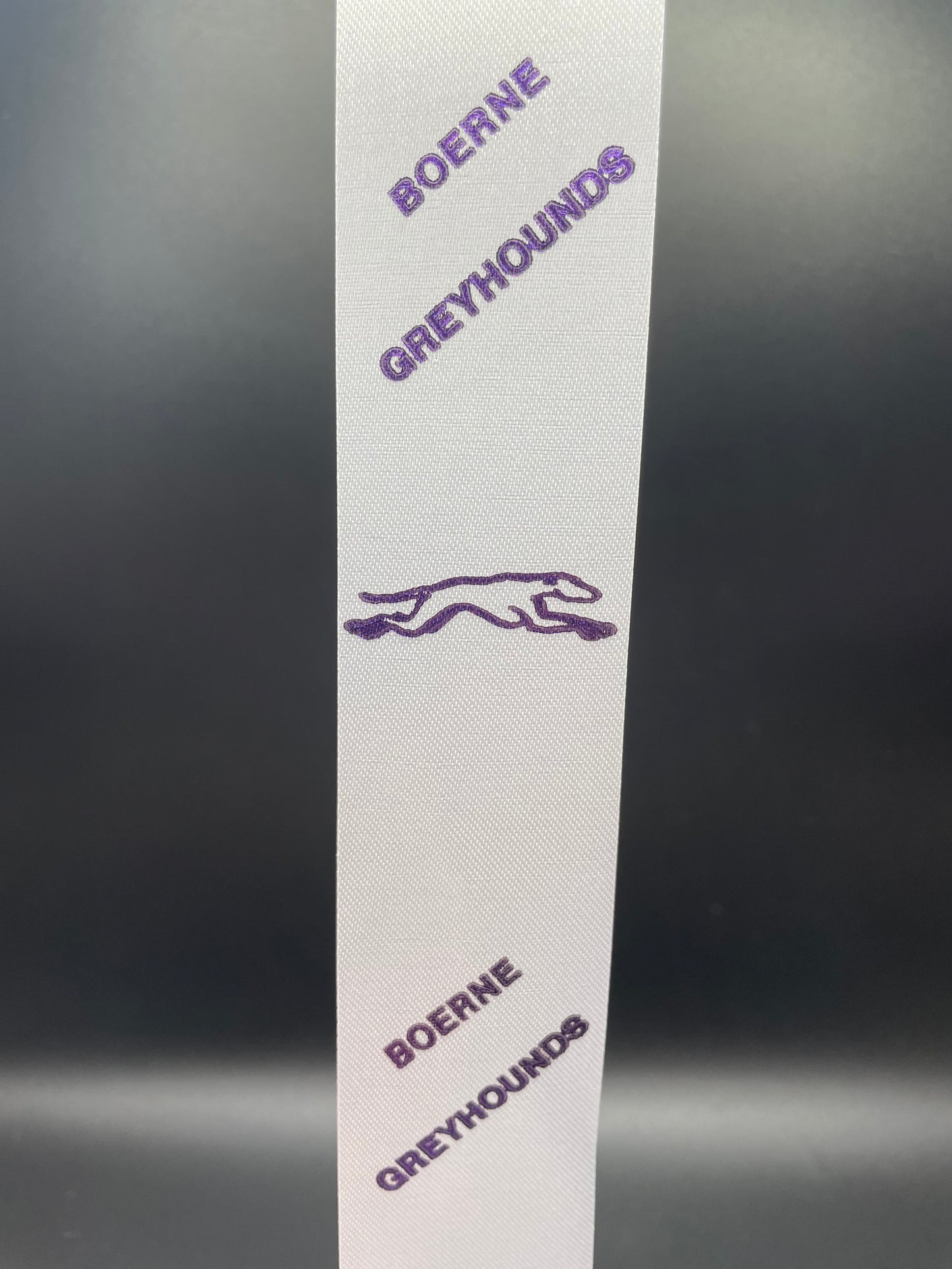18 Inch Ribbon, Greyhound Mascot, White with Purple - 1.25 inches