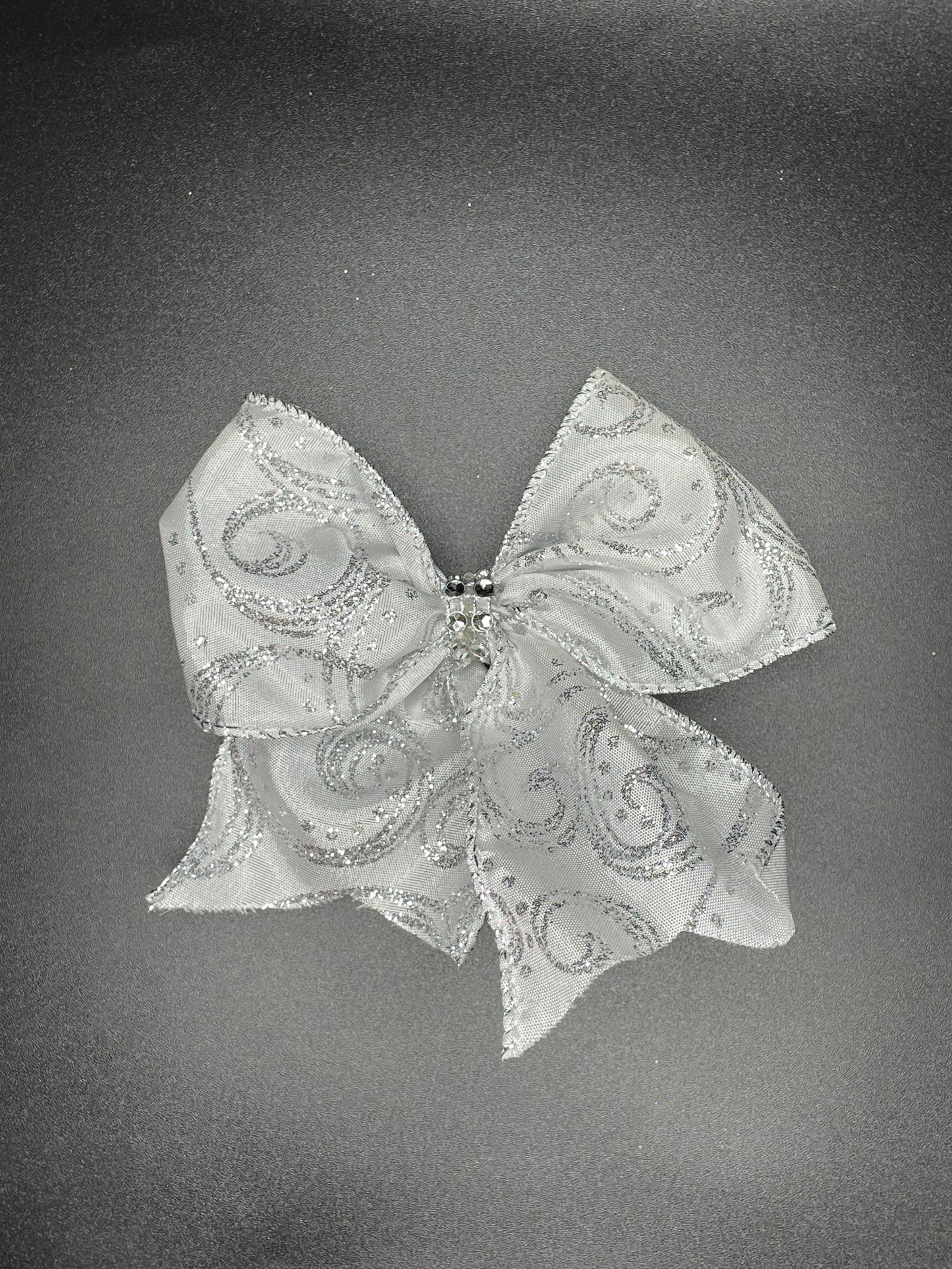 Small Bow, Swirl Pattern, White and Silver